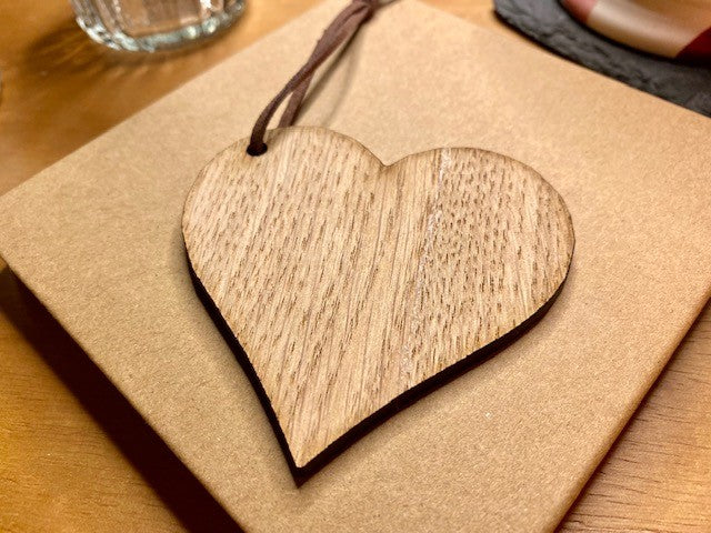 Plain cut out heart from oak veneer with hanging suede cord