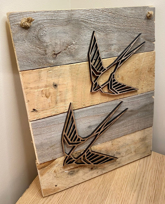 Rustic geometric pair of swallows board