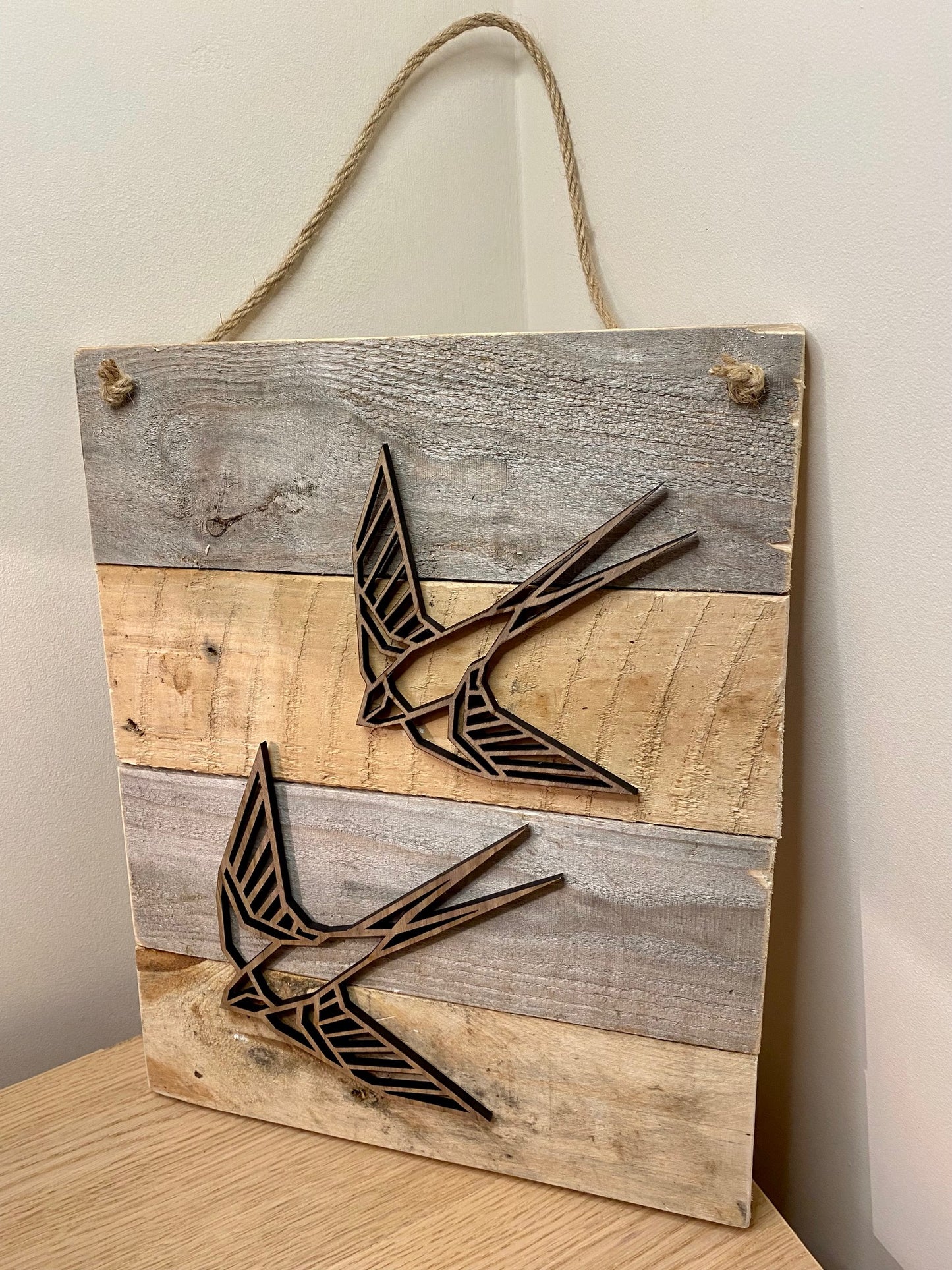 Rustic geometric pair of swallows board