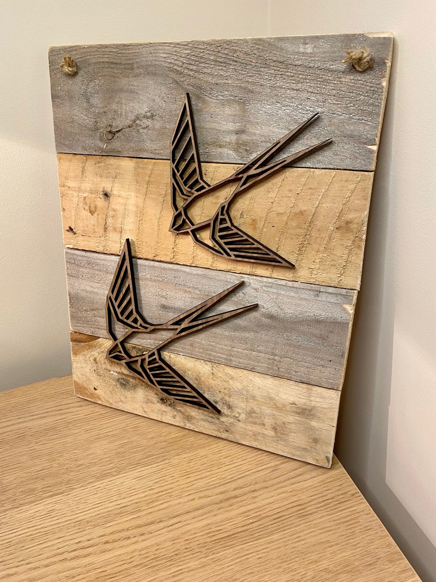 Rustic geometric pair of swallows board